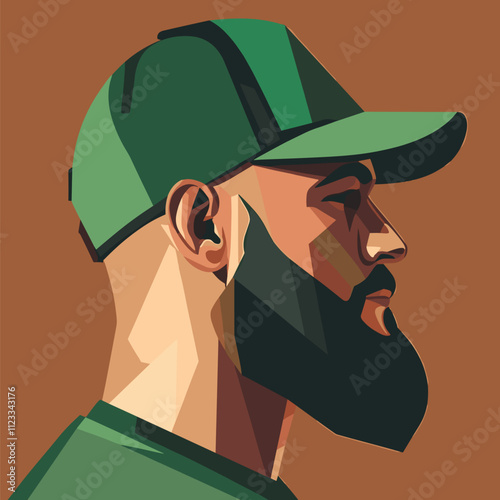 Profile Portrait of a Bearded Man Wearing a Green Cap