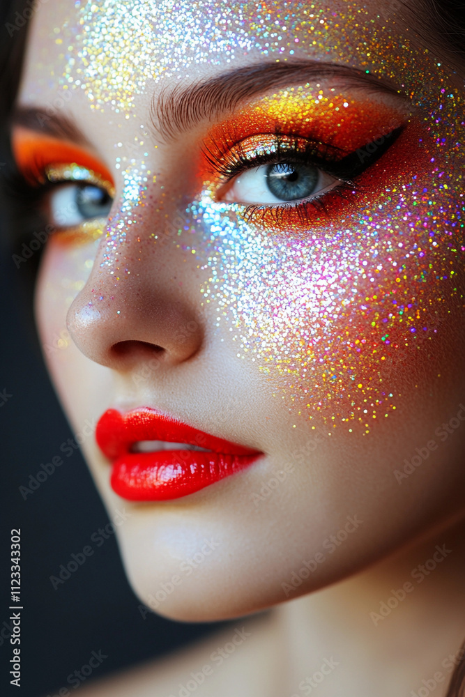 Bright makeup with glitter highlights on a model's face Bright makeup with glitter highlights on a model's face
