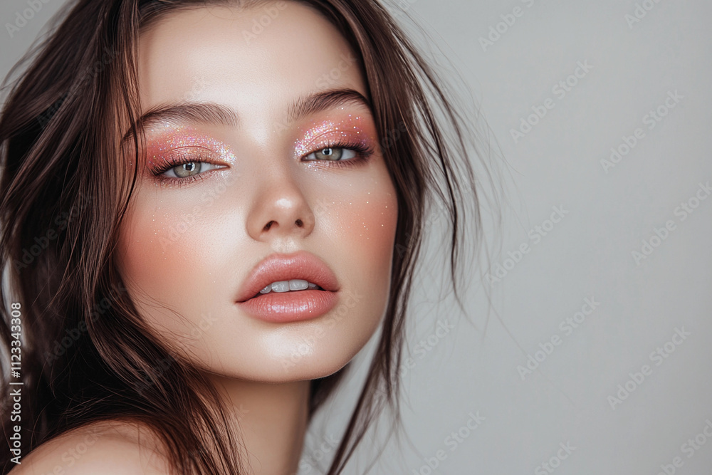 Naklejka premium Young woman with sparkling makeup and soft expression