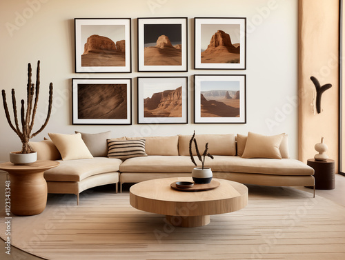 Nomad, tribal and prairie styles inspired living room interior with sand color curved sofa, natural wood coffee table and artwork on the wall photo