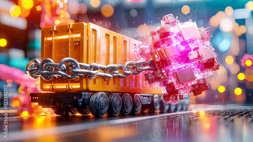 Colorful shipping container secured with chains, glowing abstract shapes in background, vibrant and futuristic scene, showcasing transportation and security