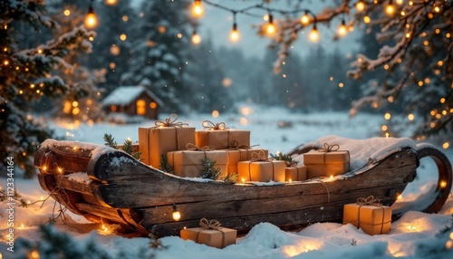 Cozy Winter Scene with Gift-Filled Sled and Fairy Lights