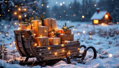 Rustic Sled With Christmas Gifts Surrounded By Snowy Winter Wonderland