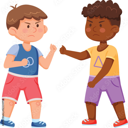 Two angry boys are fighting, quarreling and arguing, showing fists to each other, childish conflict and aggression, bad behavior, kids rivalry and misunderstanding, problem in communication