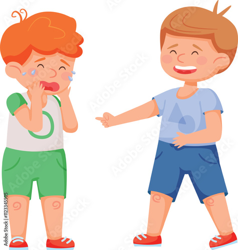 Boy pointing at another boy crying, illustrating bullying and mockery among children while emphasizing the need for empathy in childhood interactions