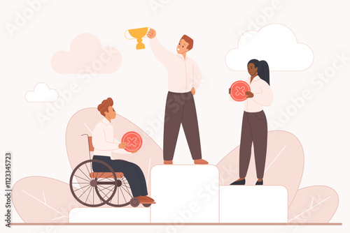Ableism, discrimination for people with disability, racism and gender bias. Tiny man with golden winner cup on top of podium, employees on lower steps with cross of refusal cartoon vector illustration