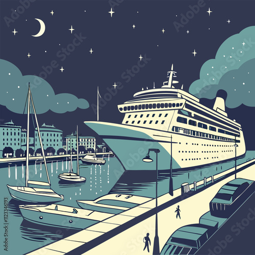 Vintage Travel Poster Design with Ship and Port