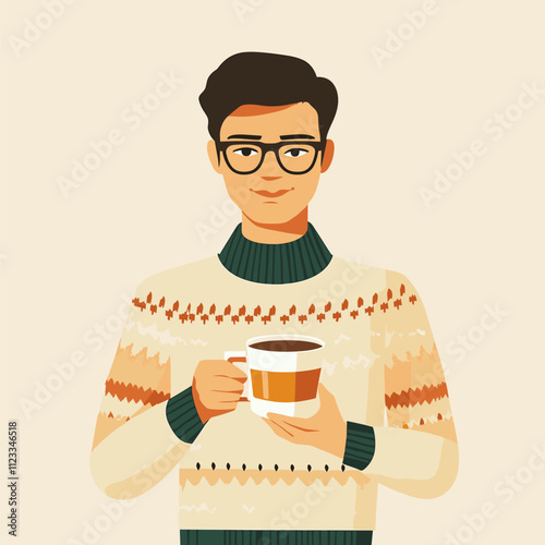 Stylish Young Man with Coffee in Fair Isle Sweater