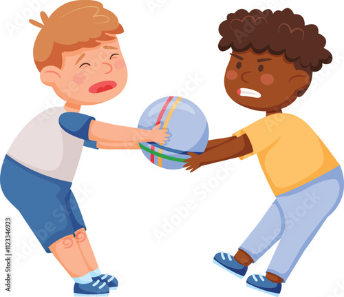 Two children fighting over a ball, one crying while the other displays anger, illustrating themes of bullying and racism in a playground setting. Conflict and emotions are evident