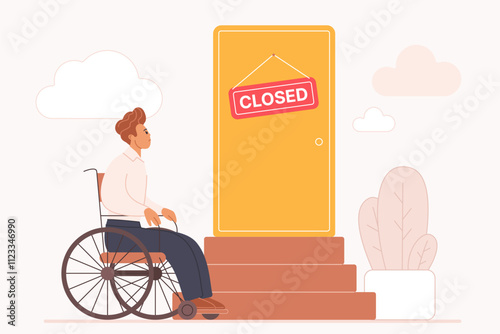 Ableism, discrimination, prejudice against hiring people with disability, unequal rights, career opportunity. Tiny man with wheelchair at door with ladder and sign Closed cartoon vector illustration