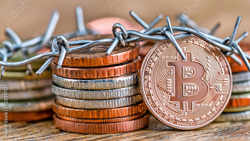 Stack of coins and Bitcoin trapped behind barbed wire, symbolizing financial constraints and security. image evokes sense of entrapment and value
