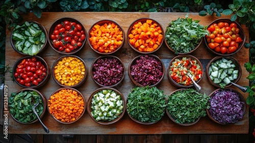 Wallpaper Mural Vibrant Display of Fresh Vegetables and Colorful Ingredients Arranged in Bowls on a Wooden Table Surrounded by Greenery Ready for Healthy Meal Preparation Torontodigital.ca
