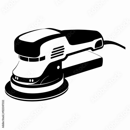 Silhouette illustration of an orbital sander representing essential tools for woodworking and surface finishing, isolated, copy space
