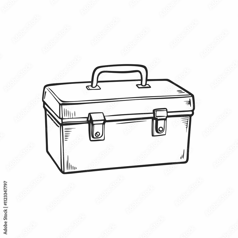 Classic metal toolbox rendered in nostalgic hand-drawn style. Traditional design with practical carrying handle and side clasps. Concept: DIY store, hardware shop, craft supplies Classic metal toolbox rendered in nostalgic hand-drawn style. Traditional design with practical carrying handle and side clasps. Concept: DIY store, hardware shop, craft supplies