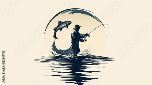 Illustration on fisherman standing in shallow water and angling. Drawing of fish in air. Sport and hobby logo. Genertaive AI photo