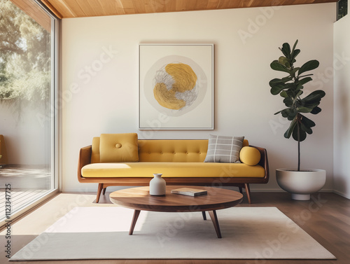 Mid century modern style living room with mustard color sofa, light walls, coffee table and artwork photo