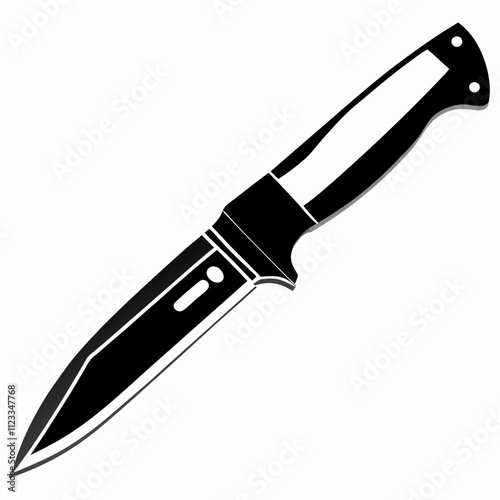 Professional black fixed blade knife on white background. Sharp hunting equipment with modern ergonomic design. Concept: outdoor gear, hunting accessories