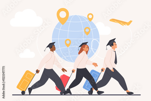 Brain drain, immigration in foreign country. Tiny graduates and students, migrants with suitcases and bags running to fly abroad to work and study, leave motherland cartoon vector illustration