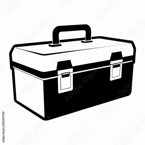 Black and white toolbox illustration with carrying handle and secure latches. Elevated angle view emphasizes storage capacity. Concept: Hardware retail, Workshop equipment, DIY store