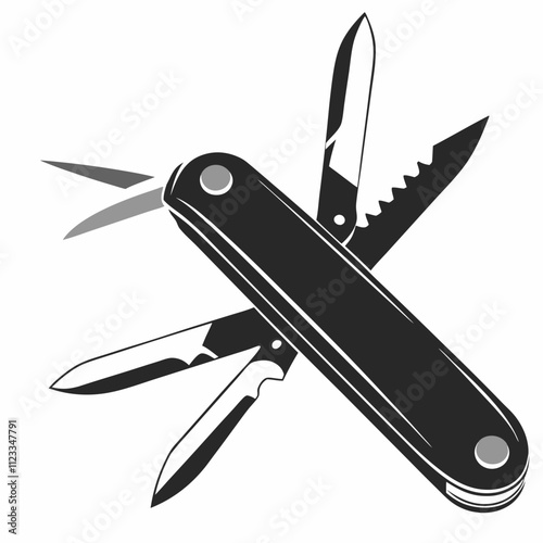 Open multi-tool knife displaying various implements. Stylized monochrome design emphasizes versatility. Concept: Outdoor equipment, Survival gear, Adventure store