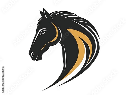 Clean black and gold vector horse head, simple flat lines, white background, elegant logo with high contrast. photo