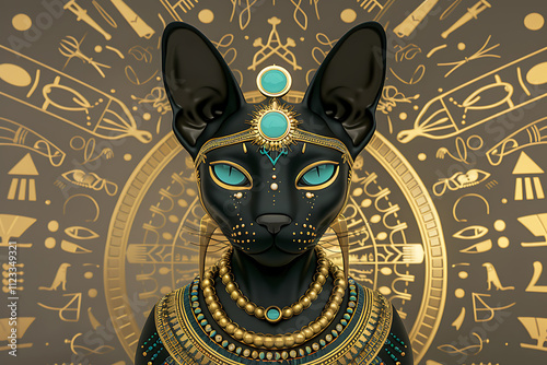 ancient egypt sphynx cat, detailed, vibrant illustration of a sphinx cat in an elaborate turquoise necklace against an ancient egyptian backdrop with hieroglyphics