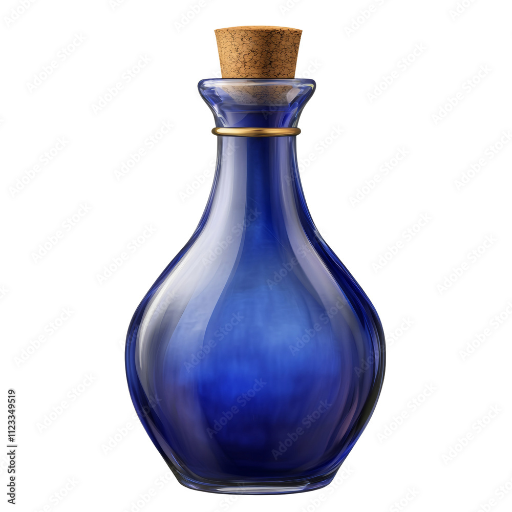 a curvy cobalt blue glass bottle with a gold foil neck and a cork stopper, isolated on transparent background png a curvy cobalt blue glass bottle with a gold foil neck and a cork stopper, isolated on transparent background png