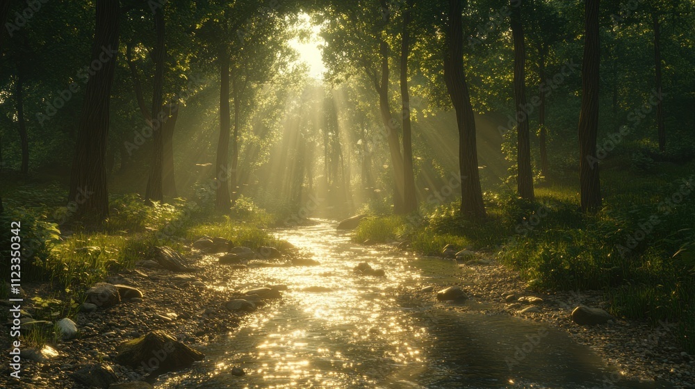 Obraz premium Sunbeams illuminating a tranquil forest stream.