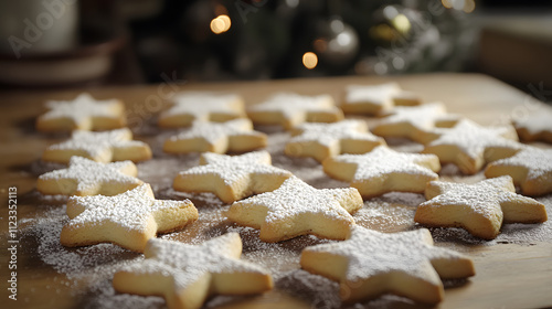 A cozy table filled with freshly baked Christmas cookies shaped like stars and trees dusted with powdered sugar. photo