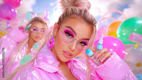vibrant scene featuring two women in pink outfits, showcasing playful expressions and colorful accessories, surrounded by balloons and pastel colors