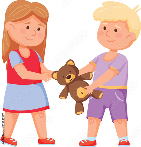 Girl giving her teddy bear to a boy, illustrating the values of sharing, friendship, kindness, and generosity among children, fostering emotional intelligence and social skills