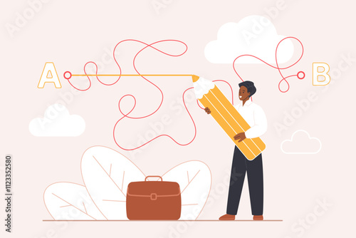 Simplify complex task, solve problem in simple way, simplicity of innovation solution. Tiny man with briefcase holding pencil to draw straight line from point A to B cartoon vector illustration