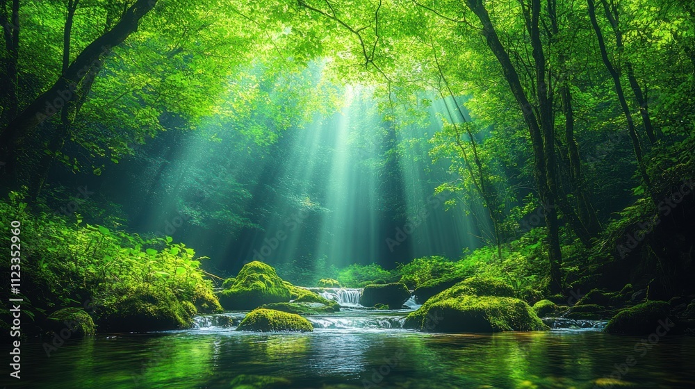 Sunbeams illuminating a lush forest stream. Sunbeams illuminating a lush forest stream.