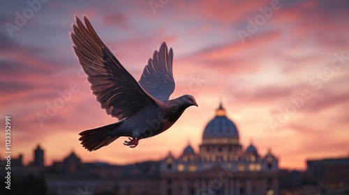 Celebrating the holy year 2025 jubilee in romea stunning view of st. Peter's basilica at sunset with a soaring dove photo