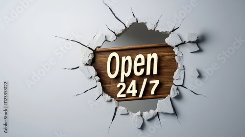 Fototapeta Naklejka Na Ścianę i Meble -  Always Open 24/7: A Wooden Sign Breaking Through a Wall