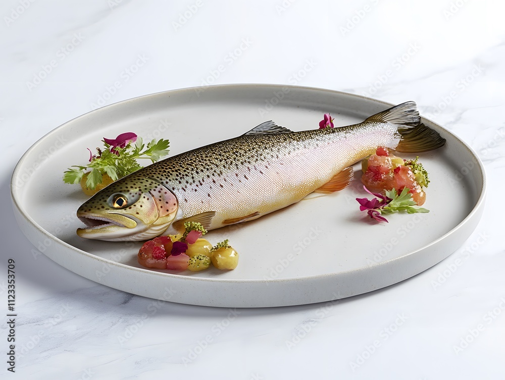 A beautifully presented cooked trout on a plate, garnished with herbs and vegetables.