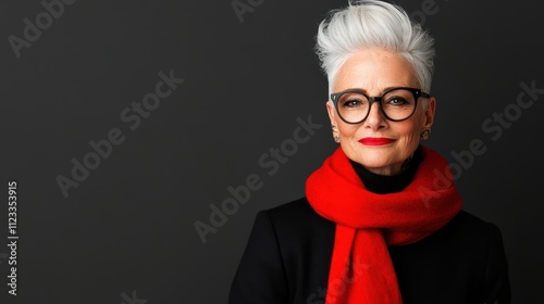 An elegant older woman with silver hair, tattoos, and a red scarf smokes contemplatively against a dark backdrop. Concept: timeless edge.