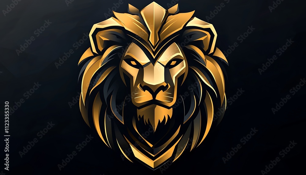Obraz premium Clean lion head logo in armor shape, gold and black gradient. Flat vector design, simple details on dark backdrop. Ultra HD.