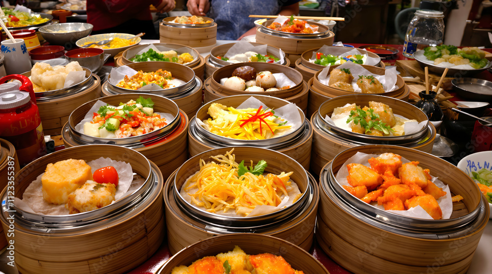 Fototapeta premium Delicious Display of Traditional Dim Sum in Steamed Baskets at a Bustling Market in Asia