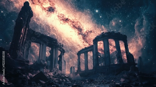 Famous building that collapsed and was in surrel ruins, the end of the world, dramatic galaxy overhead photo