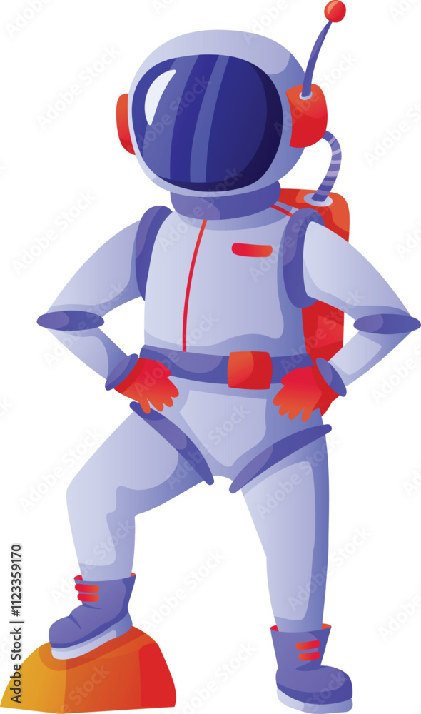 Cartoon illustration of astronaut wearing spacesuit with oxygen backpack standing on mars surface posing with hands on hips, showing confidence and determination in space exploration Cartoon illustration of astronaut wearing spacesuit with oxygen backpack standing on mars surface posing with hands on hips, showing confidence and determination in space exploration