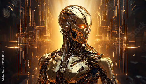 Golden Futuristic Cybernetic Humanoid with Digital Cityscape photo