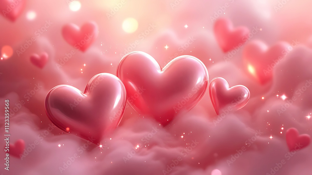 3D Shiny Pink Hearts with Dreamy Bokeh and Sparkles 3D Shiny Pink Hearts with Dreamy Bokeh and Sparkles