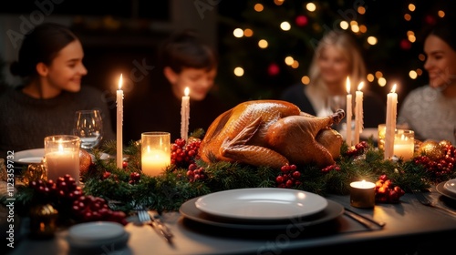 Festive Holiday Dinner Gathering with Roasted Turkey Surrounded by Candles and Decorative Greenery on a Cozy Table Setting in Soft Lighting