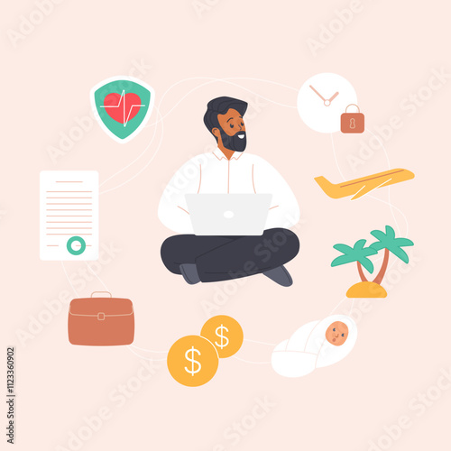 Employee benefits, advantages of job contract with corporate company. Tiny man with laptop and circle chart of incentives and support program of welfare, bonuses package cartoon vector illustration