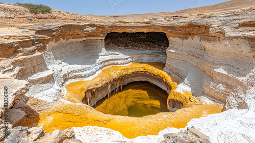 stunning view of canyon with vibrant yellow and white rock formations, showcasing natural pool of water. unique geological features create breathtaking landscape