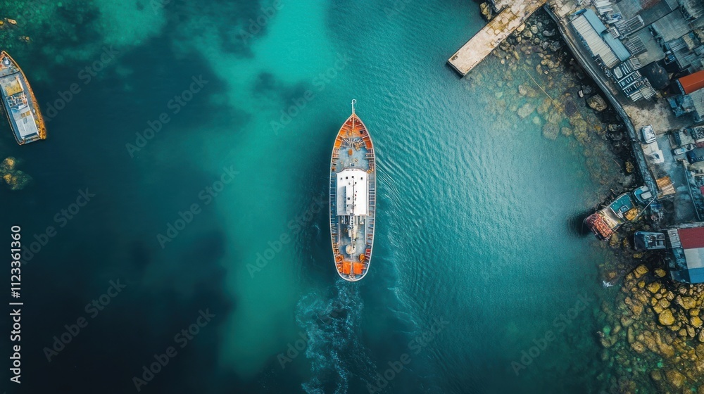 Obraz premium Aerial view of a boat docked in crystal clear turquoise waters near a coastal pier