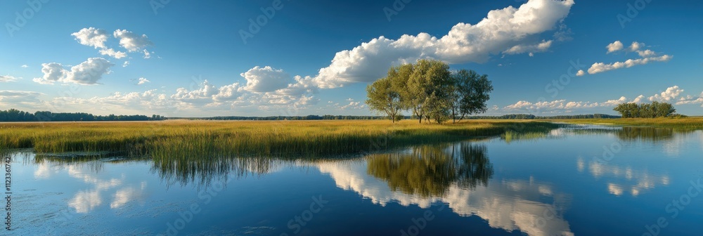 Fototapeta premium Scenic summer landscape with a tranquil lake reflecting trees and clouds in the sky