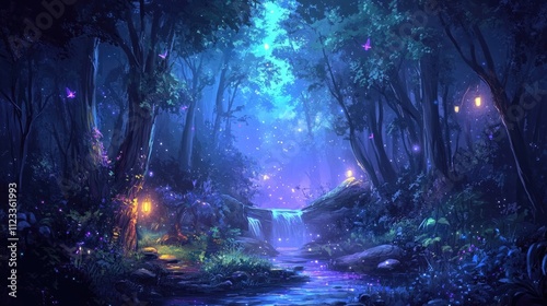 Fantasy forest at night, magic lights and fireflies in fairy backgroud