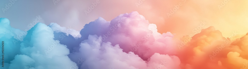 Fototapeta premium Vibrant abstract sunset sky, swirling puffy clouds adorned in a rainbow spectrum of blue, purple, yellow, and soft white, inviting a serene and colorful atmosphere.